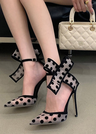 Mesh Polka Dot Bow Detail Pointed Toe Stiletto Heel Pumps