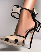Mesh Polka Dot Bow Detail Pointed Toe Stiletto Heel Pumps