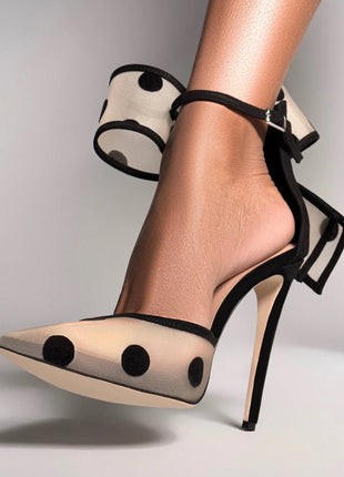 Mesh Polka Dot Bow Detail Pointed Toe Stiletto Heel Pumps