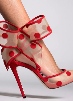 Mesh Polka Dot Bow Detail Pointed Toe Stiletto Heel Pumps