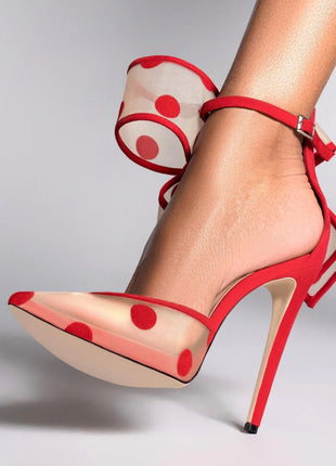 Mesh Polka Dot Bow Detail Pointed Toe Stiletto Heel Pumps