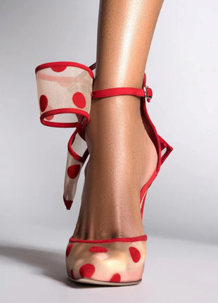 Mesh Polka Dot Bow Detail Pointed Toe Stiletto Heel Pumps