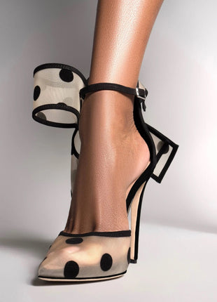 Mesh Polka Dot Bow Detail Pointed Toe Stiletto Heel Pumps