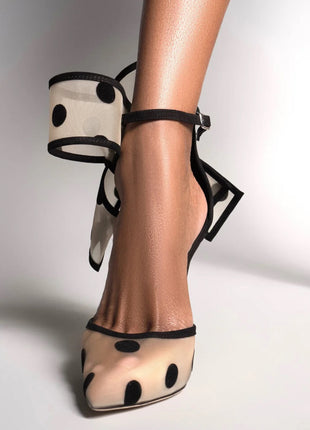 Mesh Polka Dot Bow Detail Pointed Toe Stiletto Heel Pumps