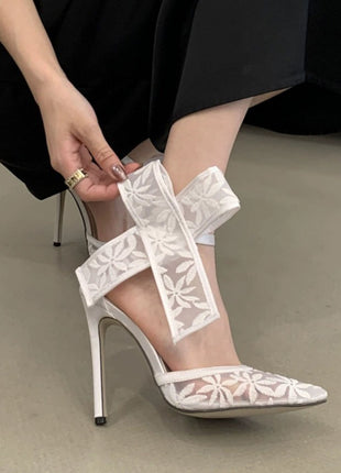 Lace Bow Detail Pointed Toe Stiletto Heel Pumps