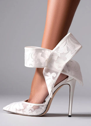 Lace Bow Detail Pointed Toe Stiletto Heel Pumps