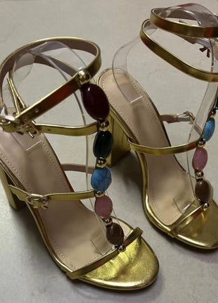 Metallic Gold High Block Heeled Sandals With Gemstone T-Strap