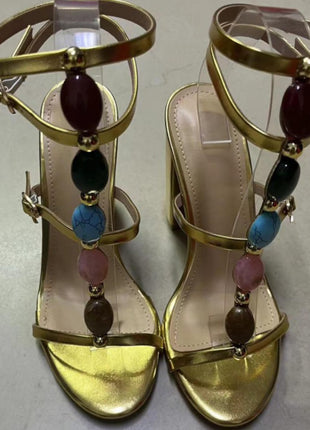 Metallic Gold High Block Heeled Sandals With Gemstone T-Strap