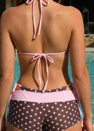 Contrast Trim Polka Dot Print Triangle Side-Tie Bikini Set And Low Rise Boy Shorts