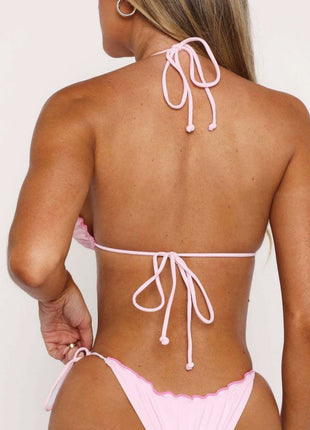 Halterneck Triangle Side-Tie Bikini Set With Lettuce Hem Detailing
