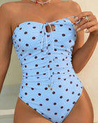 Ruched Tie Front Polka-Dot Bandeau One Piece Swimsuit