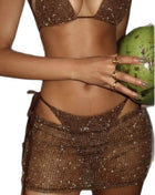 Sequin Halterneck Triangle Side-Tie Bikini Set With Cover Up Mini Skirt