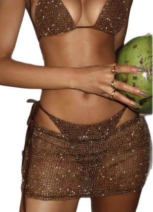 Sequin Halterneck Triangle Side-Tie Bikini Set With Cover Up Mini Skirt