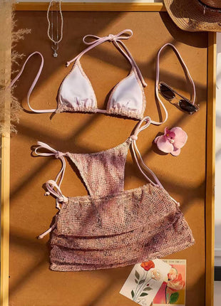 Sequin Halterneck Triangle Side-Tie Bikini Set With Cover Up Mini Skirt
