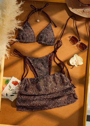 Sequin Halterneck Triangle Side-Tie Bikini Set With Cover Up Mini Skirt