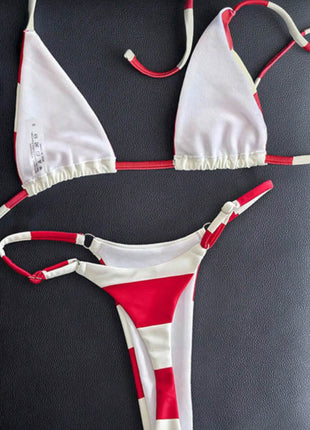 Red White Striped Halterneck Triangle Brazilian Bikini Set