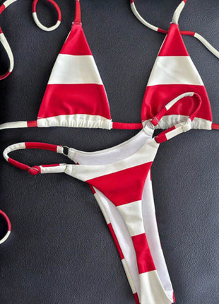 Red White Striped Halterneck Triangle Brazilian Bikini Set