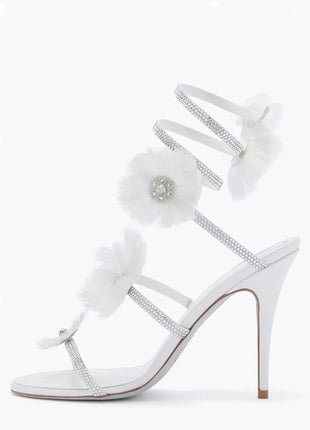 Flower-Embellished Ankle Wrap Around Open Toe High Heel Stiletto Sandals