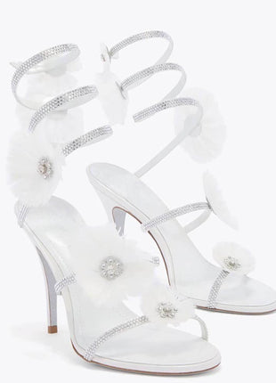 Flower-Embellished Ankle Wrap Around Open Toe High Heel Stiletto Sandals