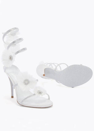 Flower-Embellished Ankle Wrap Around Open Toe High Heel Stiletto Sandals