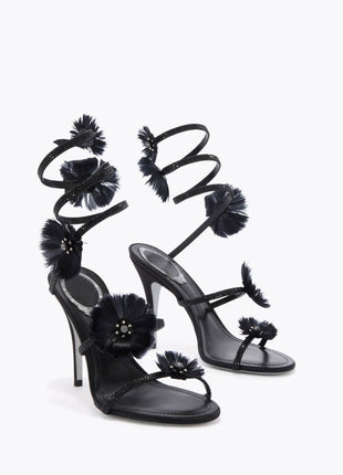 Flower-Embellished Ankle Wrap Around Open Toe High Heel Stiletto Sandals