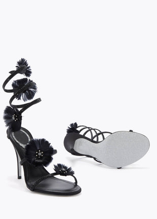 Flower-Embellished Ankle Wrap Around Open Toe High Heel Stiletto Sandals