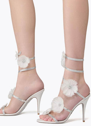 Flower-Embellished Ankle Wrap Around Open Toe High Heel Stiletto Sandals