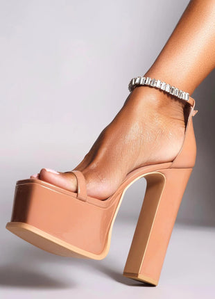 Crystal Embellished Patent Platform High Block Heeled Sandals