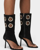 Faux Suede Eyelet Open Toe Mid-Calf Thong Stiletto Heeled Boots
