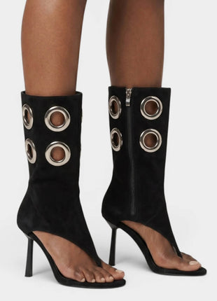 Faux Suede Eyelet Open Toe Mid-Calf Thong Stiletto Heeled Boots