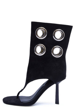 Faux Suede Eyelet Open Toe Mid-Calf Thong Stiletto Heeled Boots