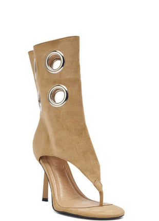 Faux Suede Eyelet Open Toe Mid-Calf Thong Stiletto Heeled Boots
