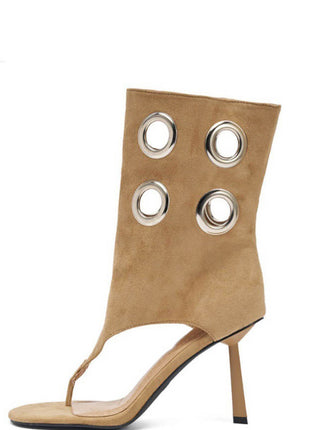 Faux Suede Eyelet Open Toe Mid-Calf Thong Stiletto Heeled Boots