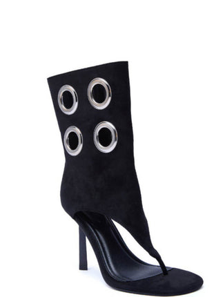 Faux Suede Eyelet Open Toe Mid-Calf Thong Stiletto Heeled Boots