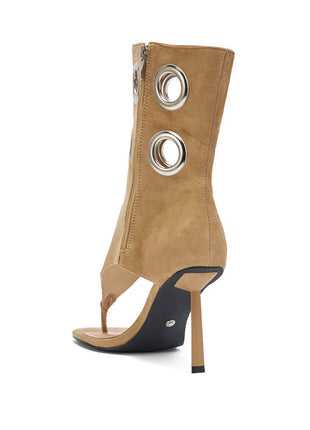 Faux Suede Eyelet Open Toe Mid-Calf Thong Stiletto Heeled Boots