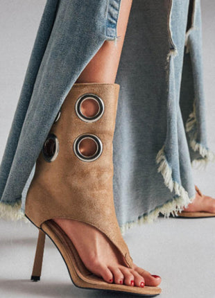 Faux Suede Eyelet Open Toe Mid-Calf Thong Stiletto Heeled Boots