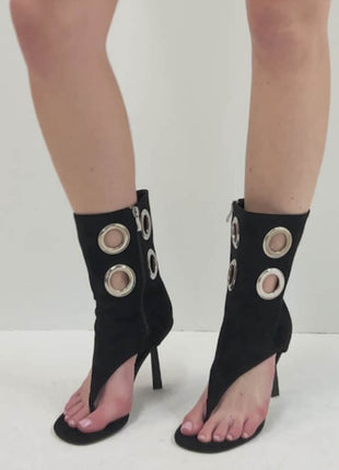 Faux Suede Eyelet Open Toe Mid-Calf Thong Stiletto Heeled Boots