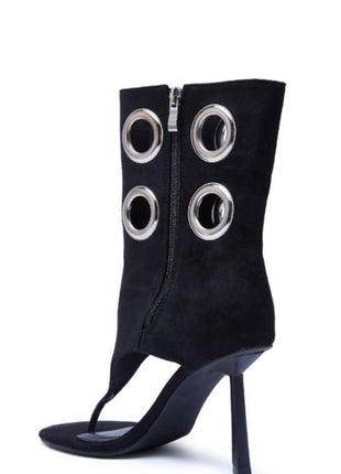 Faux Suede Eyelet Open Toe Mid-Calf Thong Stiletto Heeled Boots