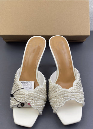 Pearl Embellished Open Square Toe Stiletto Heeled Mule Sandals