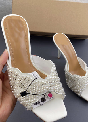 Pearl Embellished Open Square Toe Stiletto Heeled Mule Sandals