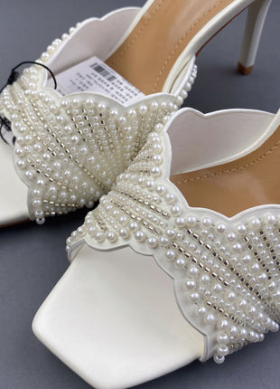 Pearl Embellished Open Square Toe Stiletto Heeled Mule Sandals