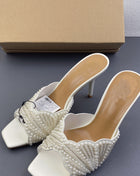 Pearl Embellished Open Square Toe Stiletto Heeled Mule Sandals