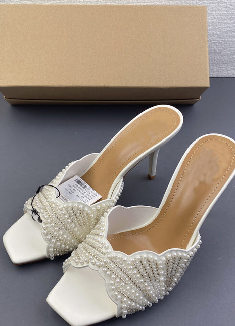 Pearl Embellished Open Square Toe Stiletto Heeled Mule Sandals