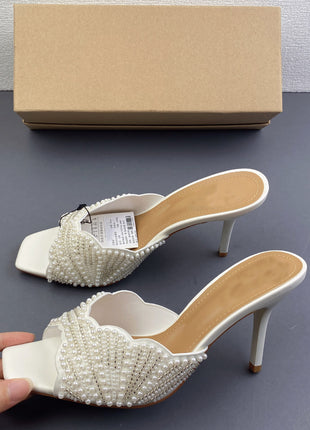 Pearl Embellished Open Square Toe Stiletto Heeled Mule Sandals