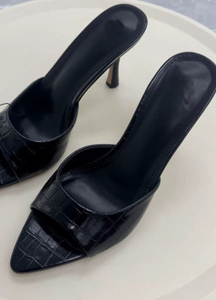Croc-Effect Open Toe High-Heeled Mule Sandals