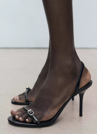 Faux Leather Barely There Open Toe Stiletto Heel With Buckle