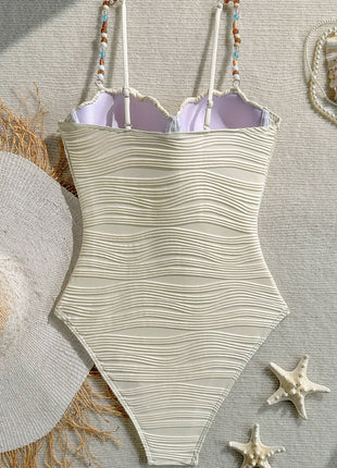 Textured Scalloped Seashell Multi Beaded Strap Underwire One Piece Swimsuit