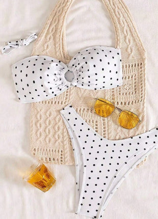 Polka Dot Bandeau High Cut Bikini Set With Ring Details