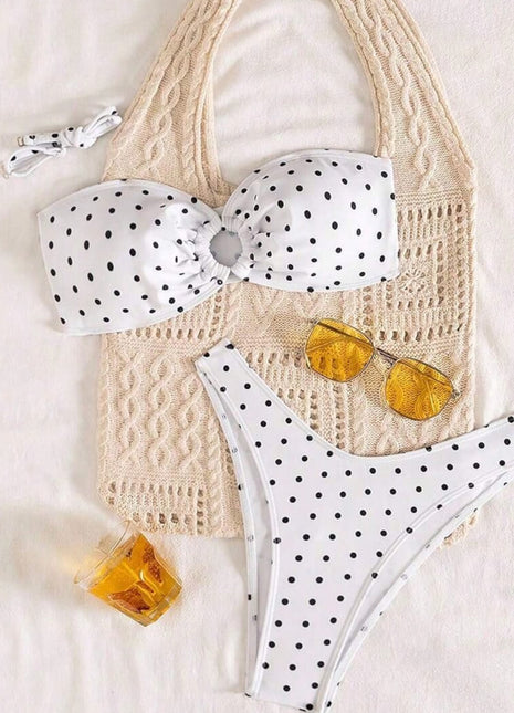 Polka Dot Bandeau High Cut Bikini Set With Ring Details