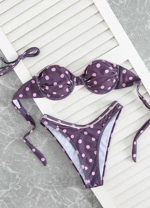 Polka Dot Underwire Balconette High-Cut Bikini Set With Lace Trim